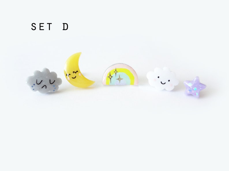 storytime collection, choose your set earring studs happy cloud, sad cloud, sleepy moon, rainbow, stars, stainless steel posts OR clip ons SET D (5pcs)