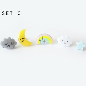 storytime collection, choose your set earring studs happy cloud, sad cloud, sleepy moon, rainbow, stars, stainless steel posts OR clip ons SET C (5pcs)