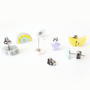 storytime collection, choose your set earring studs happy cloud, sad cloud, sleepy moon, rainbow, stars, stainless steel posts OR clip ons image 7