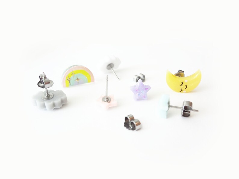 storytime collection, choose your set earring studs happy cloud, sad cloud, sleepy moon, rainbow, stars, stainless steel posts OR clip ons 画像 7