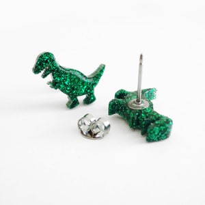 T-rex dinosaur resin earrings, green glitter dinosaur studs image 2