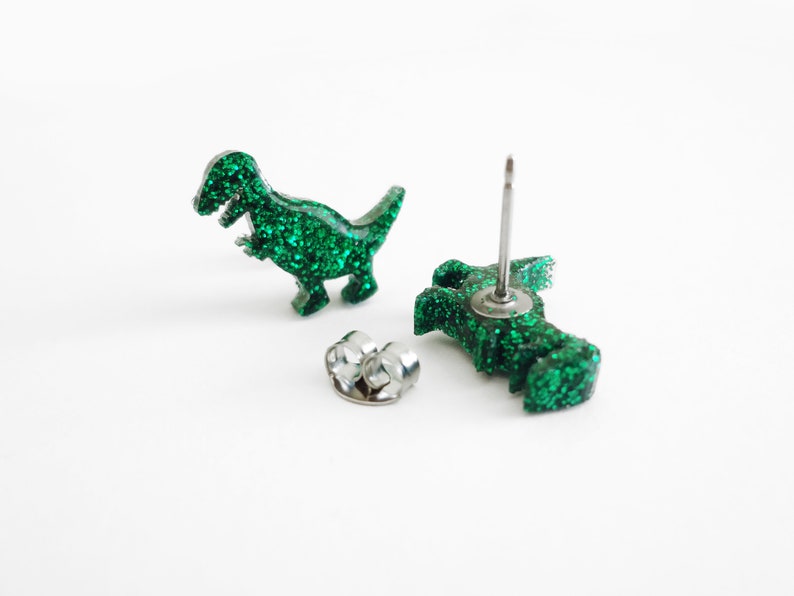 T-rex dinosaur resin earrings, green glitter dinosaur studs image 2