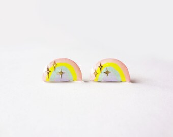 pastel rainbow earrings, handpainted with the cutest sparkles, choose stainless steel posts OR clip ons