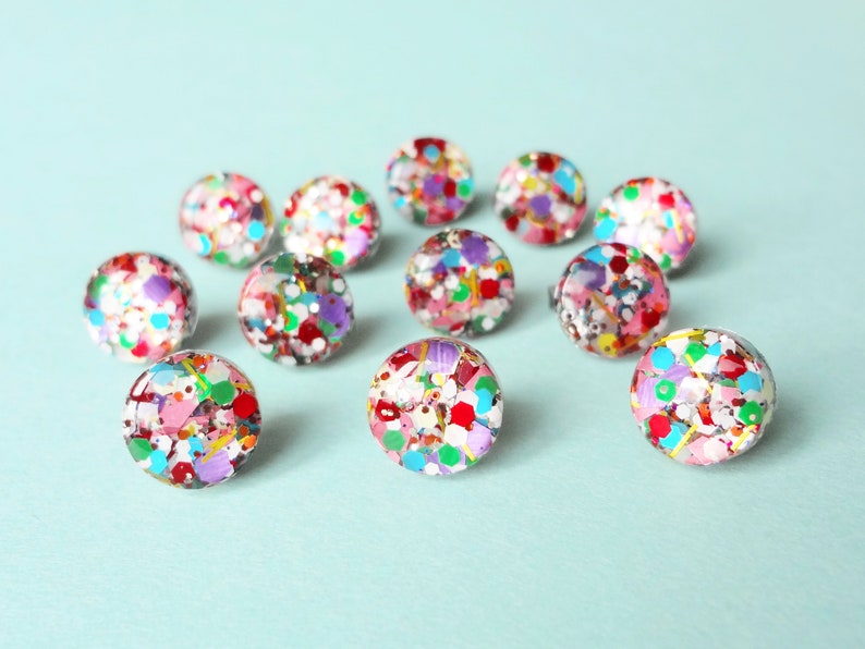 circle resin studs, fun glitter confetti, festive glitter mix earrings image 5