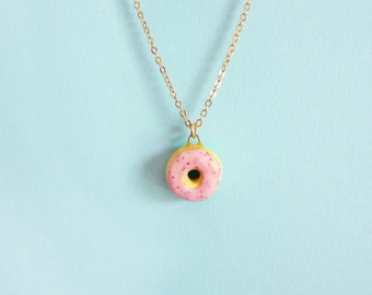 strawberry donut necklace, cute pink doughnut necklace pendant charm, custom alphabet initial personalization