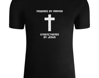 Powered by prayer, strengthened by Jesus White text Men's Recycled Performance T-Shirt