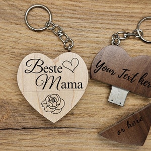 Personalisierter Herz USB Stick, Holz, Individuelle Gravur, Geschenk, Liebe, Hochzeit, Verlobung, Mama, Papa, Oma, Opa, 16GB/32GB/64GB/128GB