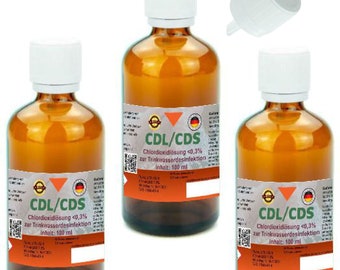 CDL CDS 0.3% 3x100 ml in brown glass bottle with dropper for drinking water disinfection. certified, made in Germany
