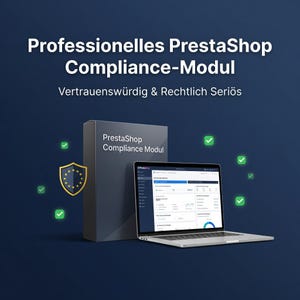 Könnte beinhalten: Eine dunkelblaue Grafik mit einem Laptop, der ein Dashboard anzeigt, und einer Box mit der Aufschrift PrestaShop Compliance Modul. Der Text lautet Professionelles PrestaShop Compliance-Modul Vertrauenswürdig & Rechtlich Seriös. Grüne Häkchen-Symbole und ein Schild sind abgebildet.
