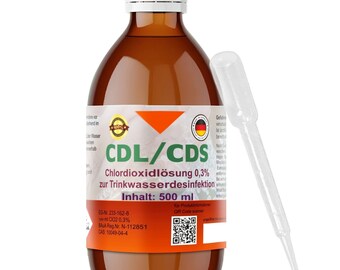 CDL CDS 0.3% 500ml in brown glass bottle with pipette for drinking water disinfection. certified, made in Germany