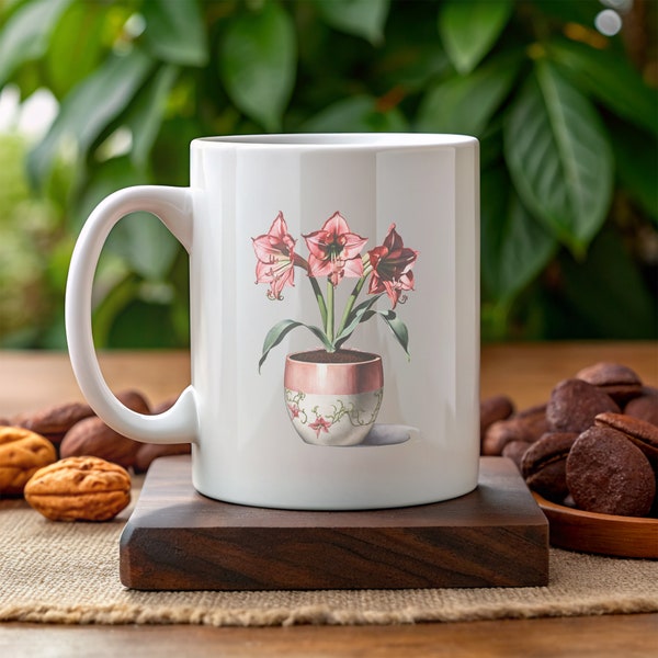 Amaryllis | Trendige weiße Tasse für Pflanzenliebhaber, Kaffeetasse Gärtner Topfpflanze Geschenkidee Büro Deko Botanik Garten Pflanze