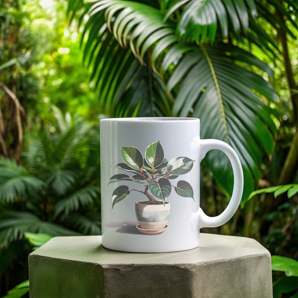 Gummibaum | Trendige weiße Tasse für Pflanzenliebhaber Kaffeetasse Gärtner Baum Geschenkidee Büro Deko Pflanze Südostasien Botanik Wald