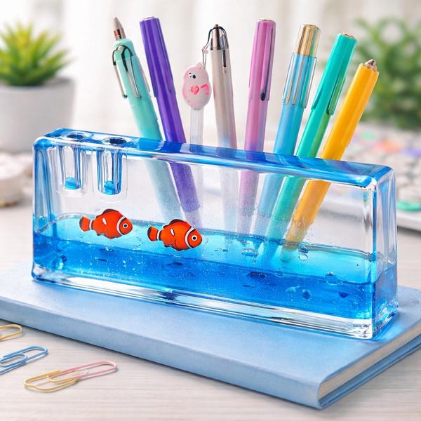 Aquarium Pencil Holder Paper Weight with Floating Fish, Frutiger Aero Desk Organizer, Retro Water Pen Holder, Aesthetic Office Decor
