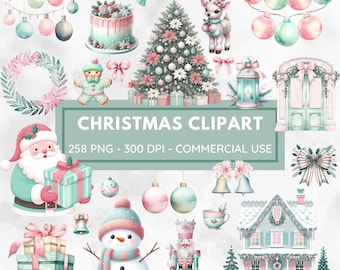 Puede incluir: Un conjunto de 258 imágenes de clipart de Navidad en formato PNG, que presentan una variedad de elementos festivos en un esquema de color rosa pastel y verde. Las imágenes incluyen un árbol de Navidad, adornos, regalos, un muñeco de nieve, un hombre de jengibre, un reno, un cascanueces, un Papá Noel, una linterna, una puerta y una casa.