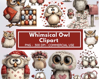 Whimsical Owl Clipart PNG Bundle | Cute Owls Watercolor Style | Valentine & Winter Owl Graphics | Nursery Animals | 300 DPI Transparent PNG