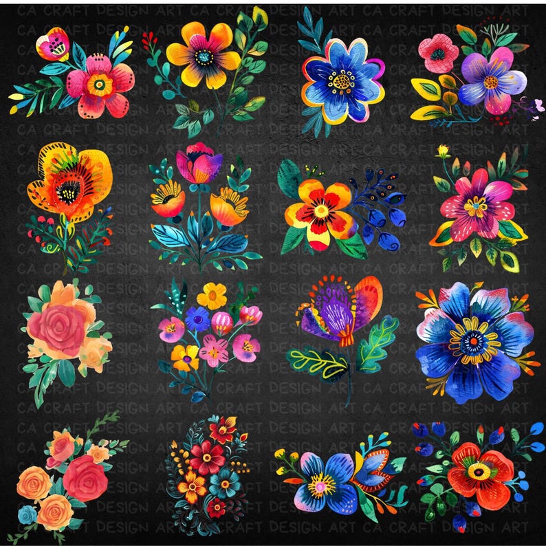 Mexican Flowers Fiesta Party Clipart Bundle, Watercolor Vibrant Floral ...