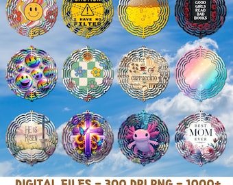 May include: Twelve different designs for wind spinners, each with a unique graphic. The designs include a smiley face, a cross with butterflies, a coffee cup, a rainbow, a checkered pattern, an axolotl, a quote about good girls reading bad books, and a quote about having no filter. The designs are all in a circular shape and are perfect for sublimation.