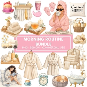 Morning Routine Clipart, Watercolor Glam Planner, Self Care Clipart