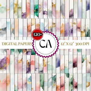 May include: A set of 120+ digital papers featuring watercolour backgrounds with gold accents. The papers are 30.5 cm by 30.5 cm and 300 DPI.
