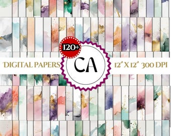 Watercolor digital paper 120+ rainbow colors, water colour background, Watercolor and gold textures bright pastel printable scrapbook papers