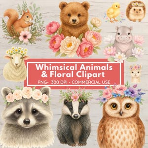 Floral Watercolor Animals Clipart Spring Clipart Cute Cottagecore Animals Florals Watercolor Rustic Farm Nursery Kids Clipart Commercial Us