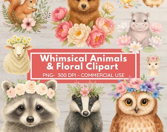 花の水彩画の動物のクリップアート春のクリップアートかわいいコテージコアの動物の花の水彩画素朴な農場保育園の子供のクリップアート商用利用