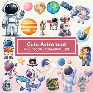 Cute Astronaut Clipart - Astronaut Watercolor - Astronaut Sublimination - Outer Space Png - Kid&#39;s Clipart Bundle - Commercial License