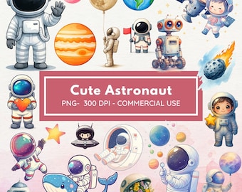 Lindo astronauta - Acuarela de astronauta - Sublimación de astronauta - Espacio exterior Png - Paquete de imágenes prediseñadas para niños - Licencia comercial