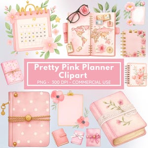 May include: A collection of pink watercolor planner clipart elements, including calendars, notebooks, and journals. The image features a variety of pink shades, floral accents, and the text "Pretty Pink Planner Clipart". The clipart is designed for commercial use.