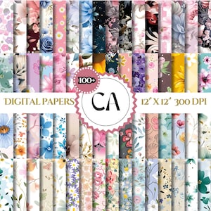 Könnte beinhalten: Eine Sammlung von über 100 digitalen Papieren mit floralen Mustern in verschiedenen Farben, darunter Rosa, Blau, Gelb und Grün. Die Papiere sind 30,48 cm x 30,48 cm groß und haben eine Auflösung von 300 DPI.