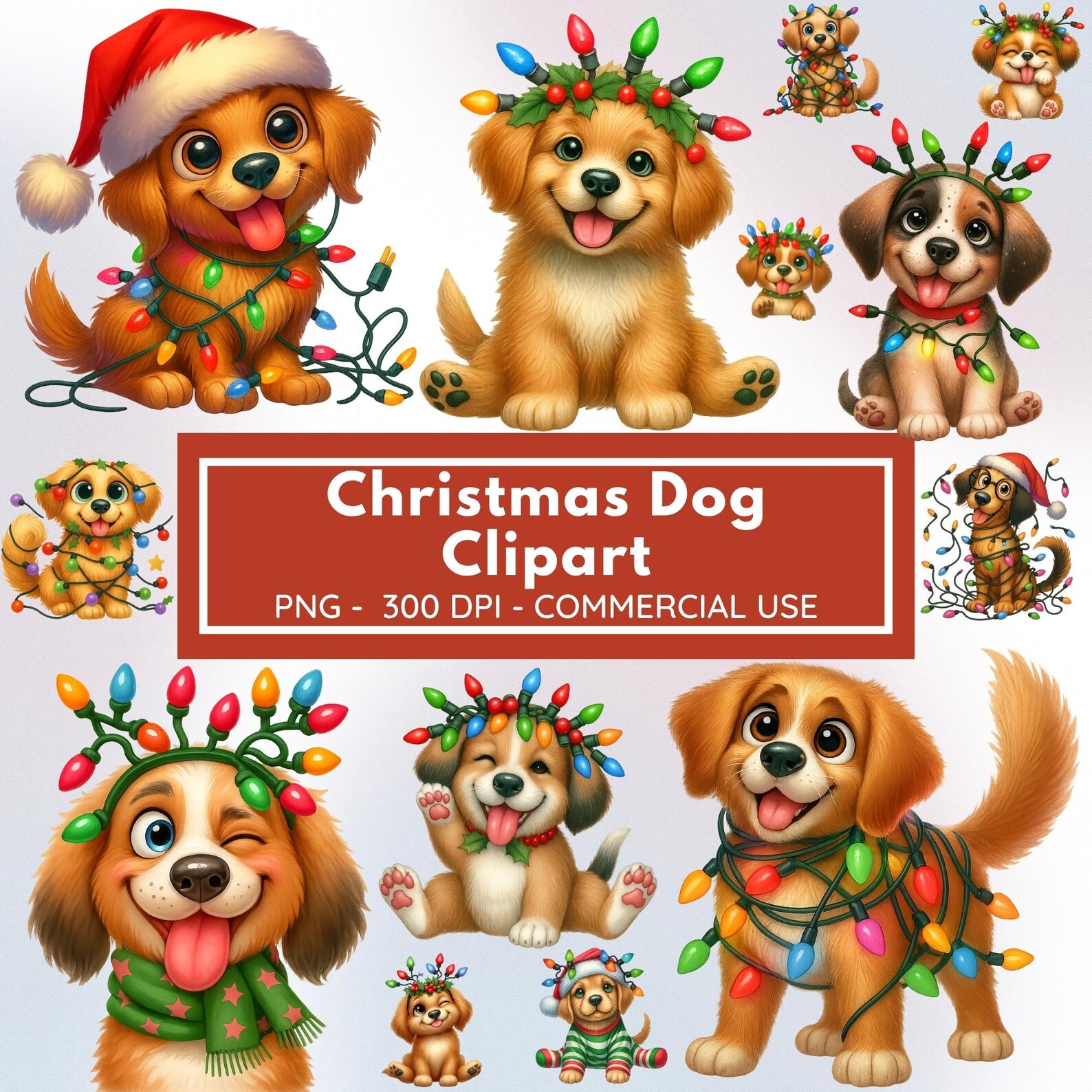 Christmas Dog Clipart, Cute Puppy With Lights PNG Bundle, Holiday Pet ...