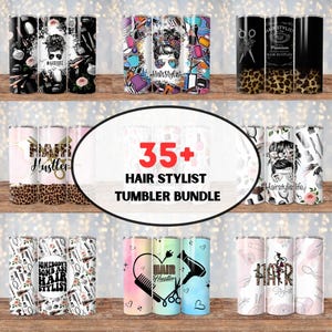 May include: A set of 35+ hair stylist tumblers featuring various designs. The tumblers are in different colors and patterns, including leopard print, pink, blue, and white. Some of the designs include text such as "Hair Hustler", "Hair Stylist", and "#Hairstylis life".