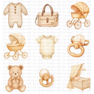 Watercolor Neutral Baby Shower Clipart Bundle, Boho Beige Gender ...