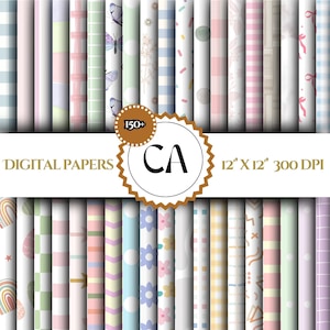 Pack de papier numérique Essential Pastel. Plus de 150 articles. Feuilles de paquet de fond de printemps imprimables. Modèles de pages de scrapbooking. Utilisation commerciale.