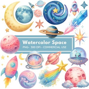 Space Watercolor Clipart for Nursery Decor, Birthday Party Graphics, Cute Astronaut & Planets PNG, Rocket Illustrations for Kids Art Prints