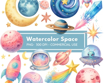 Space Watercolor Clipart for Nursery Decor, Birthday Party Graphics, Cute Astronaut & Planets PNG, Rocket Illustrations for Kids Art Prints
