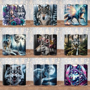 May include: Set of 10 stainless steel tumblers with various wolf designs. The designs include a wolf howling at the moon, a wolf with flowers, a wolf with wings, and a wolf in the forest.