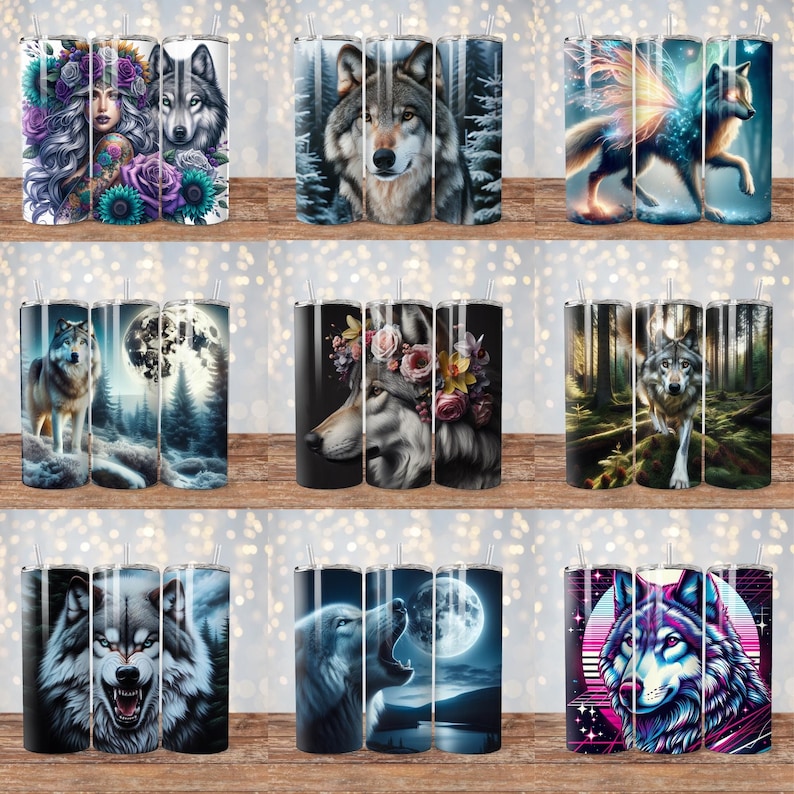 May include: Set of 10 stainless steel tumblers with various wolf designs. The designs include a wolf howling at the moon, a wolf with flowers, a wolf with wings, and a wolf in the forest.