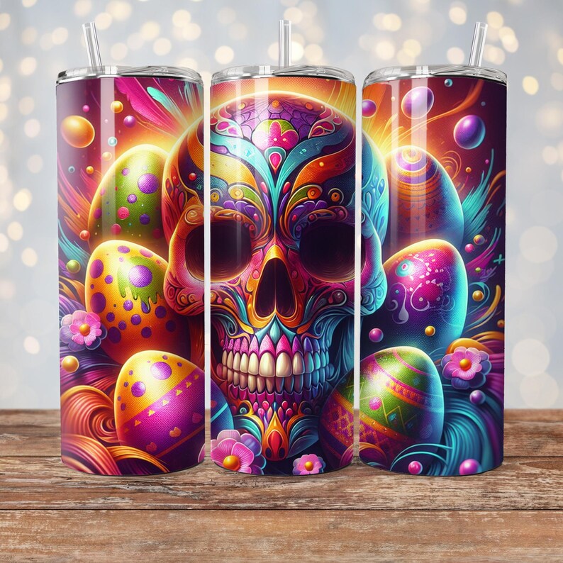 May include: A colorful, psychedelic skull with intricate details is surrounded by Easter eggs. The skull is decorated with bright colors, including pink, purple, blue, green, and yellow. The eggs are also decorated with colorful patterns. The background is a swirling mix of colors.