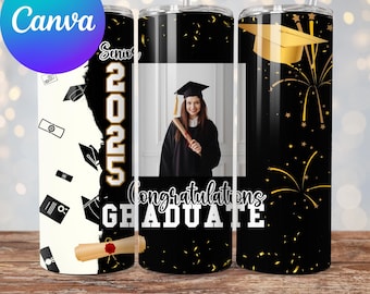 Gepersonaliseerde afstudeerbekersjabloon, fotobeker wrap, 2025 middelbare school afstuderen, afstudeercadeau, gepersonaliseerde canvassjabloon