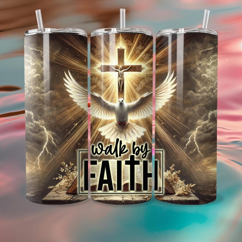 May include: A stainless steel tumbler with a wraparound design featuring a cross, dove, and the text "walk by FAITH." The design includes a depiction of Jesus on the cross, a dove with outstretched wings, and a background of golden light and clouds.