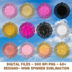 May include: Set of 10 digital files for sublimation designs. Each design features a circular wind spinner with a different glitter pattern. The patterns include pink, gold, black, white, and a variety of other colors.