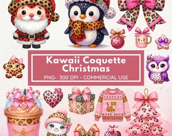 Kawaii Coquette Christmas Clipart Bundle, Watercolor Coquette Christmas Clipart, Pink Turqoise Png, Christmas Bundle Png, Commercial Use