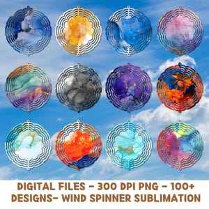 May include: A collection of circular wind spinner designs with intricate, scalloped edges. Each spinner features a unique, colorful abstract design in shades of blue, gold, orange, purple, and pink. Text at the bottom reads "DIGITAL FILES - 300 DPI PNG - 100+ DESIGNS - WIND SPINNER SUBLIMATION."
