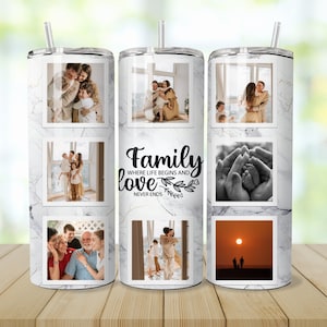 Könnte beinhalten: Ein weißer Marmorbecher mit einer Collage von Familienfotos und dem Text "Family where life begins and love never ends".