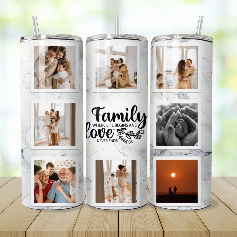 K&ouml;nnte beinhalten: Ein wei&szlig;er Marmorbecher mit einer Collage von Familienfotos und dem Text "Family where life begins and love never ends".