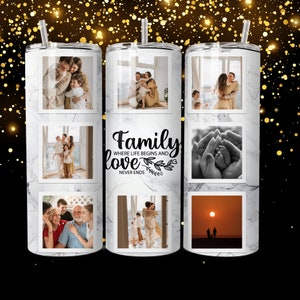 K&ouml;nnte beinhalten: Ein wei&szlig;er Marmorbecher mit einer Schwarzwei&szlig;-Fotocollage einer Familie. Der Becher tr&auml;gt den Text "Family where life begins and love never ends" mit einem floralen Design.