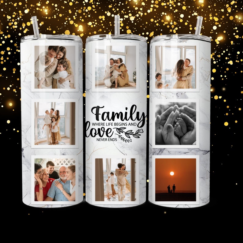 K&ouml;nnte beinhalten: Ein wei&szlig;er Marmorbecher mit einer Schwarzwei&szlig;-Fotocollage einer Familie. Der Becher tr&auml;gt den Text "Family where life begins and love never ends" mit einem floralen Design.