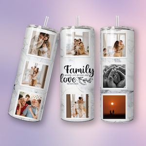 K&ouml;nnte beinhalten: Ein wei&szlig;er Becher mit Marmormuster und mehreren Fotos einer Familie. Der Becher tr&auml;gt eine schwarze Aufschrift mit dem Text "Family where life begins and love never ends".