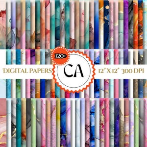 May include: A set of 120+ digital papers featuring abstract watercolor designs in various colors, including blue, pink, purple, green, and gold. The papers are 12 inches by 12 inches and 300 DPI.